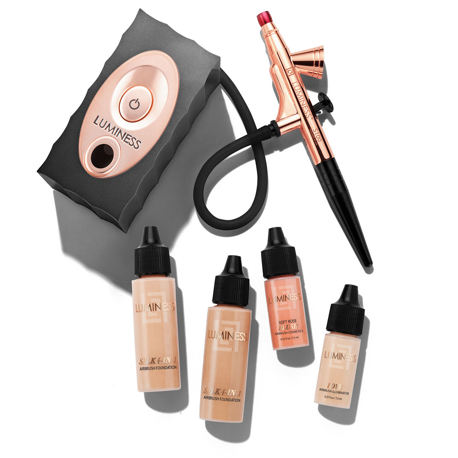 Glam Air Airbrush Makeup Machine System with 5 Tan Sattin Shades of  Foundation and Airbrush Blush light 